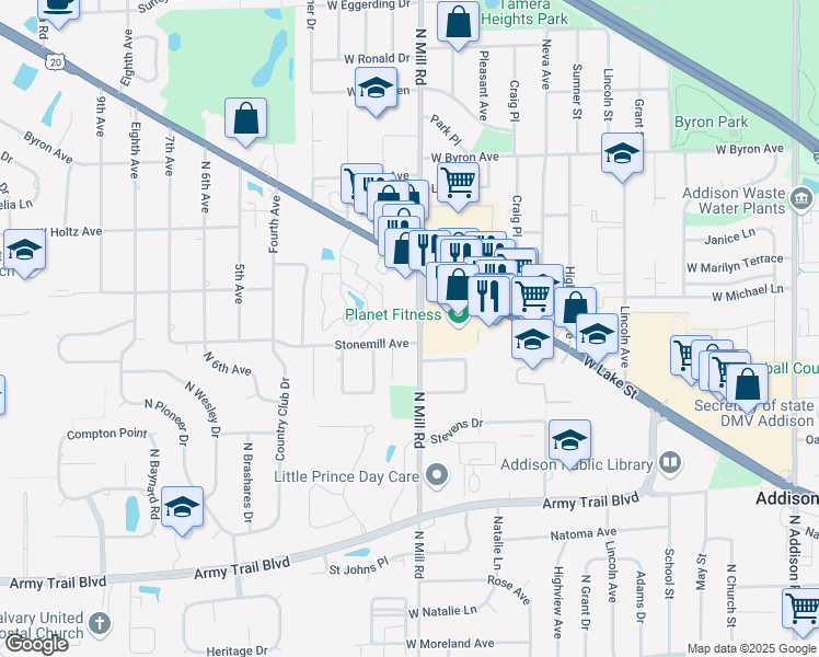 map of restaurants, bars, coffee shops, grocery stores, and more near 510 North Mill Road in Addison