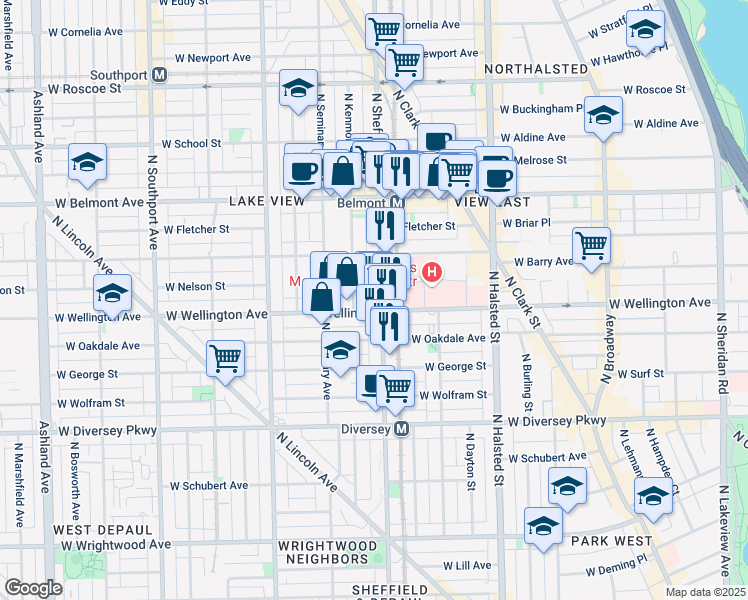 map of restaurants, bars, coffee shops, grocery stores, and more near 3021 North Sheffield Avenue in Chicago