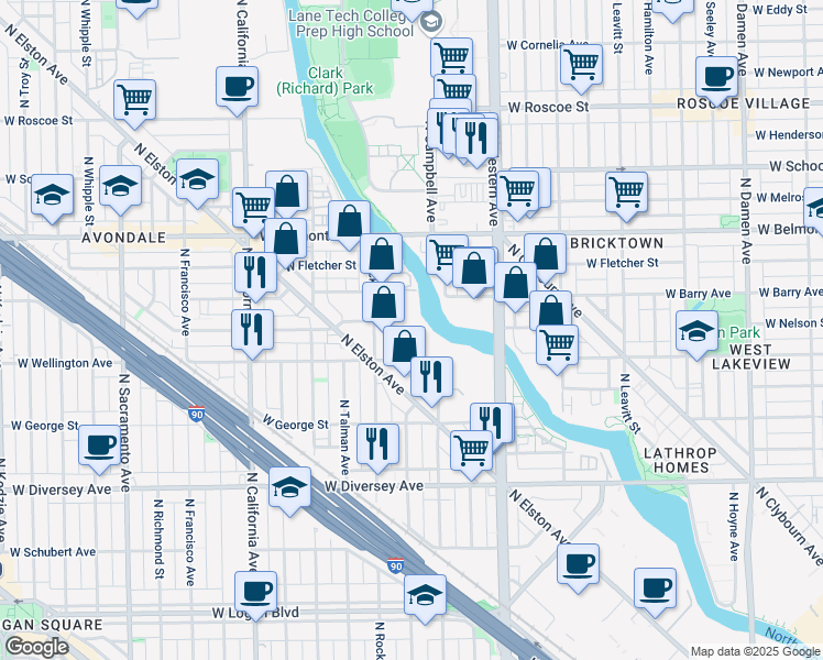 map of restaurants, bars, coffee shops, grocery stores, and more near 3019 North Rockwell Street in Chicago