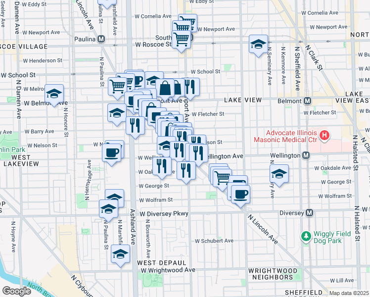 map of restaurants, bars, coffee shops, grocery stores, and more near 3033 North Lincoln Avenue in Chicago