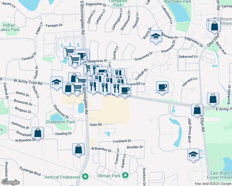 map of restaurants, bars, coffee shops, grocery stores, and more near 320 East Army Trail Road in Addison