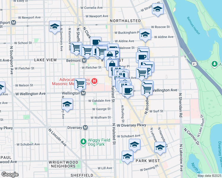 map of restaurants, bars, coffee shops, grocery stores, and more near 3000 North Halsted Street in Chicago