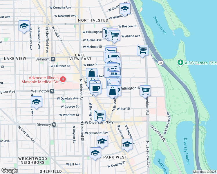 map of restaurants, bars, coffee shops, grocery stores, and more near 616 West Wellington Avenue in Chicago