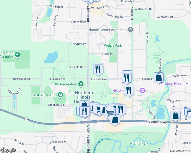map of restaurants, bars, coffee shops, grocery stores, and more near 901 Lucinda Avenue in DeKalb