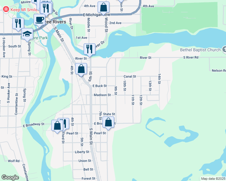 map of restaurants, bars, coffee shops, grocery stores, and more near 602 8th Street in Three Rivers