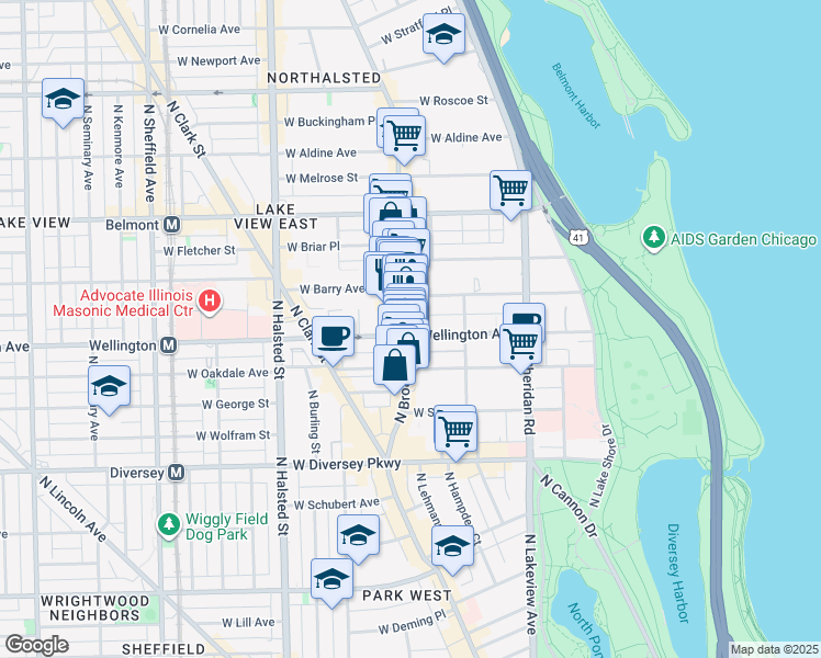 map of restaurants, bars, coffee shops, grocery stores, and more near 556 West Wellington Avenue in Chicago