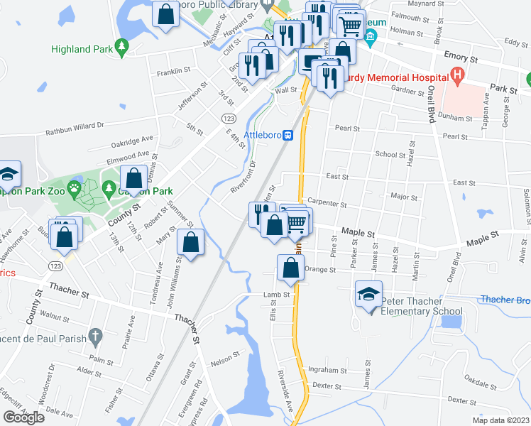 map of restaurants, bars, coffee shops, grocery stores, and more near 7 Eden Court in Attleboro