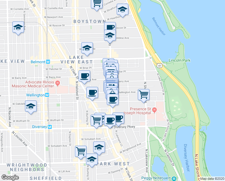 map of restaurants, bars, coffee shops, grocery stores, and more near 3013 North Broadway in Chicago