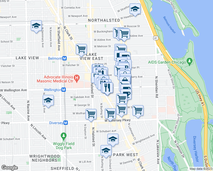 map of restaurants, bars, coffee shops, grocery stores, and more near 3020 North Waterloo Court in Chicago