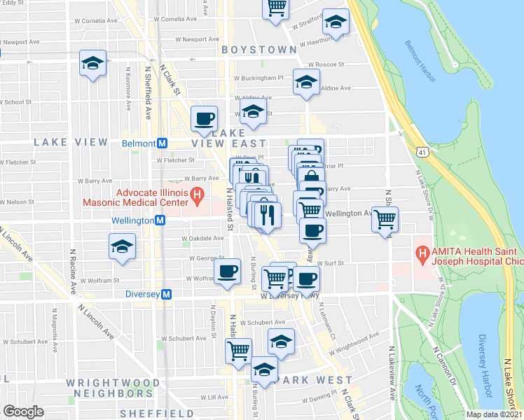 map of restaurants, bars, coffee shops, grocery stores, and more near 3020 North Waterloo Court in Chicago