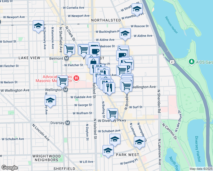 map of restaurants, bars, coffee shops, grocery stores, and more near 3021 North Clark Street in Chicago