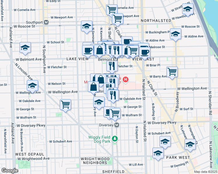 map of restaurants, bars, coffee shops, grocery stores, and more near 3021 North Sheffield Avenue in Chicago