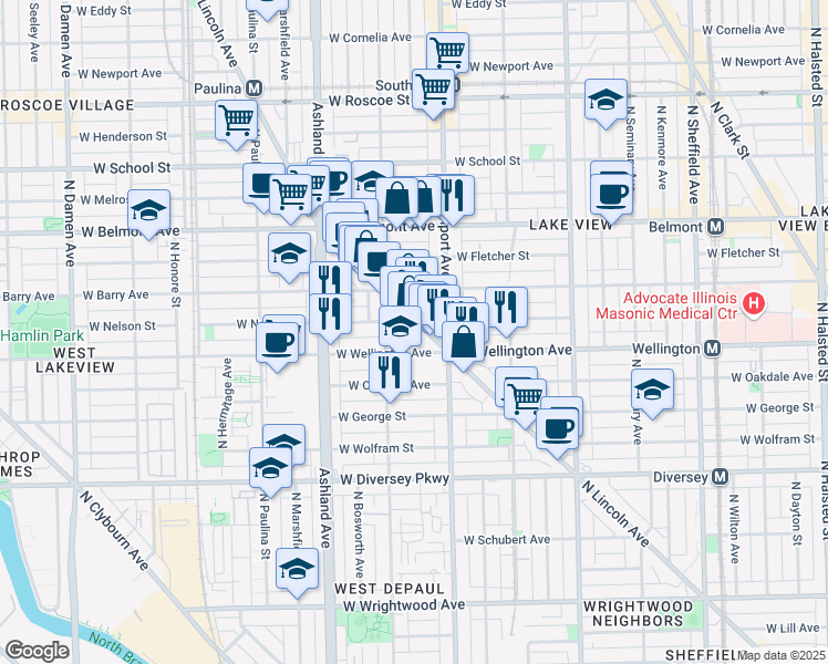 map of restaurants, bars, coffee shops, grocery stores, and more near 3033 North Lincoln Avenue in Chicago