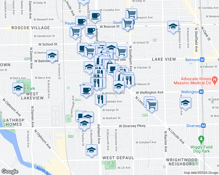 map of restaurants, bars, coffee shops, grocery stores, and more near 1530 West Nelson Street in Chicago