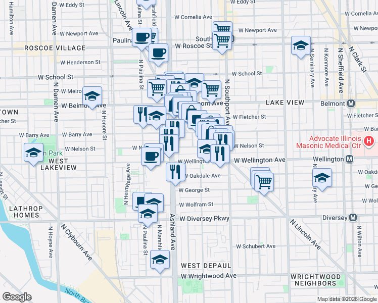 map of restaurants, bars, coffee shops, grocery stores, and more near 1530 West Nelson Street in Chicago