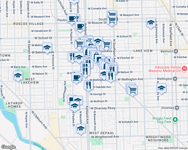 map of restaurants, bars, coffee shops, grocery stores, and more near 1530 West Nelson Street in Chicago