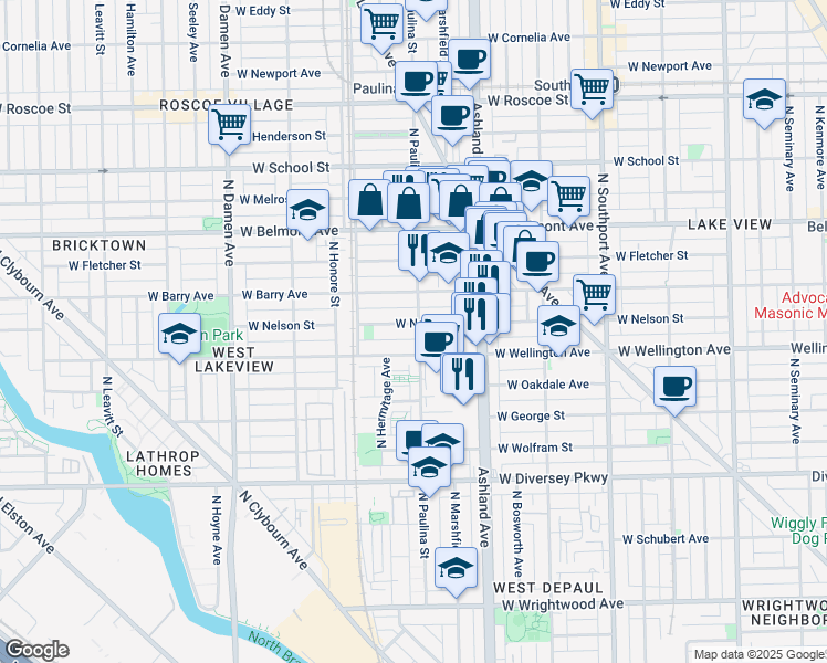 map of restaurants, bars, coffee shops, grocery stores, and more near 1648 West Nelson Street in Chicago