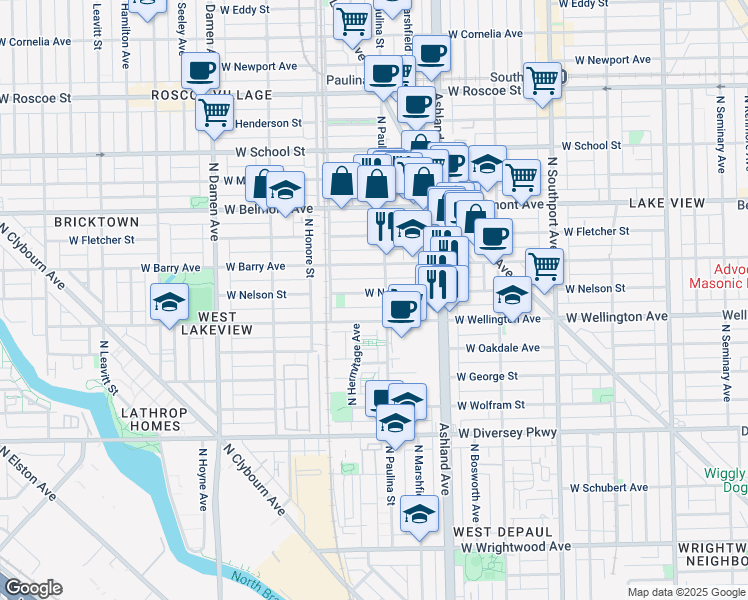 map of restaurants, bars, coffee shops, grocery stores, and more near 1726 West Nelson Street in Chicago
