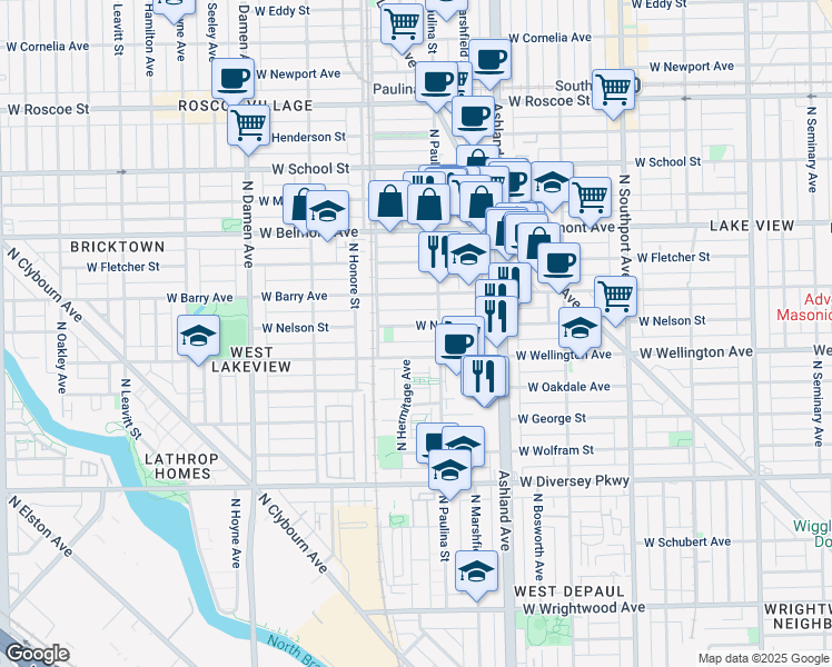 map of restaurants, bars, coffee shops, grocery stores, and more near 1726 West Nelson Street in Chicago