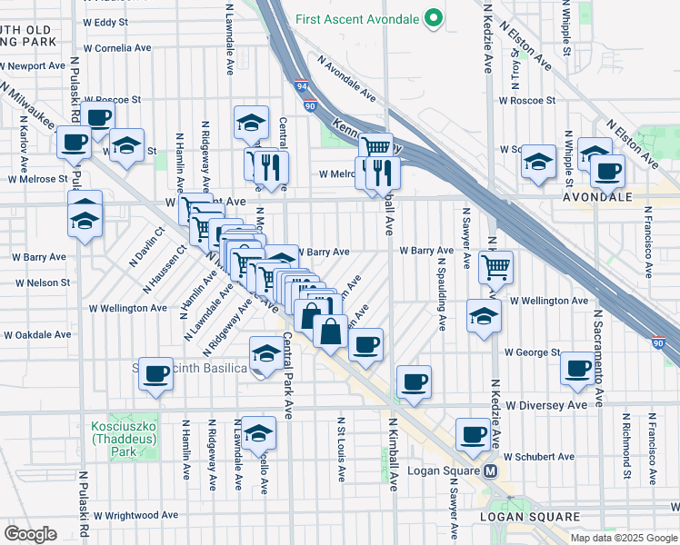 map of restaurants, bars, coffee shops, grocery stores, and more near 3074 North Elbridge Avenue in Chicago