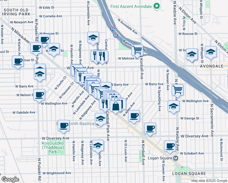 map of restaurants, bars, coffee shops, grocery stores, and more near 3059 North Central Park Avenue in Chicago