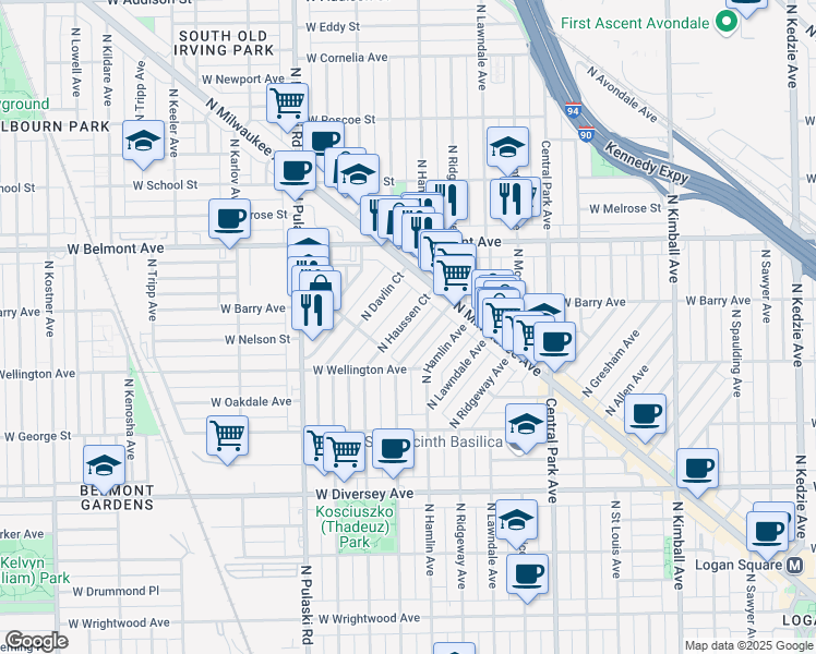 map of restaurants, bars, coffee shops, grocery stores, and more near 3076 North Haussen Court in Chicago