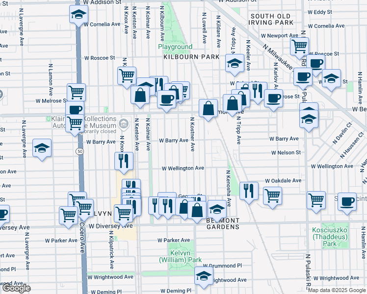map of restaurants, bars, coffee shops, grocery stores, and more near 3059 North Kenneth Avenue in Chicago