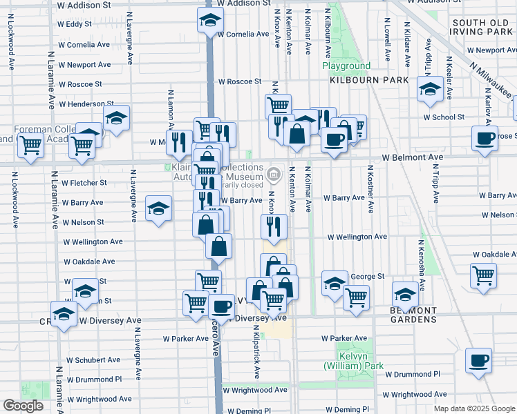 map of restaurants, bars, coffee shops, grocery stores, and more near 3059 North Kilpatrick Avenue in Chicago