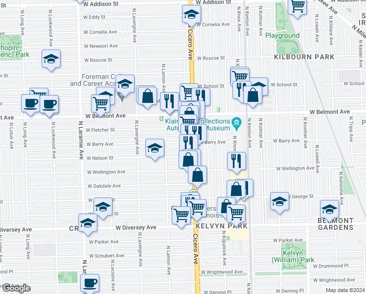 map of restaurants, bars, coffee shops, grocery stores, and more near 3100 Illinois 50 in Chicago