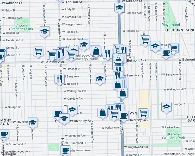map of restaurants, bars, coffee shops, grocery stores, and more near 4914 West Barry Avenue in Chicago