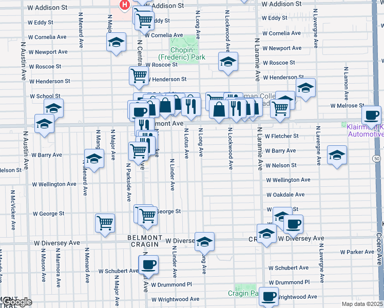 map of restaurants, bars, coffee shops, grocery stores, and more near 5406 West Barry Avenue in Chicago