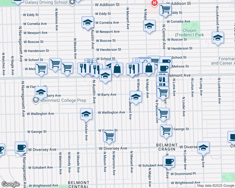 map of restaurants, bars, coffee shops, grocery stores, and more near 3111 North Monitor Avenue in Chicago
