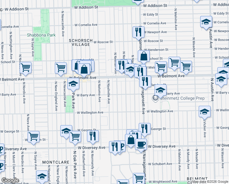 map of restaurants, bars, coffee shops, grocery stores, and more near 3115 North Nashville Avenue in Chicago