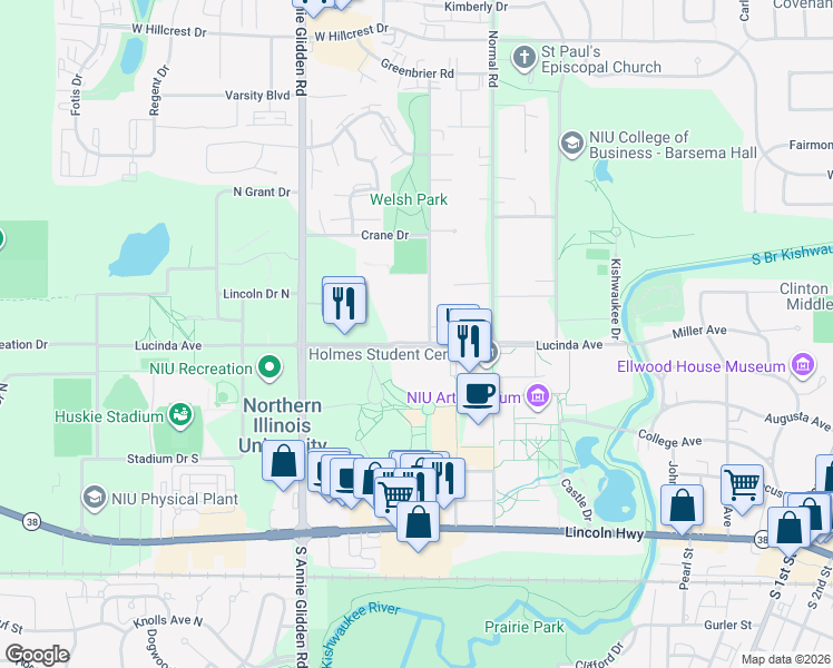 map of restaurants, bars, coffee shops, grocery stores, and more near 421 Russell Road in DeKalb