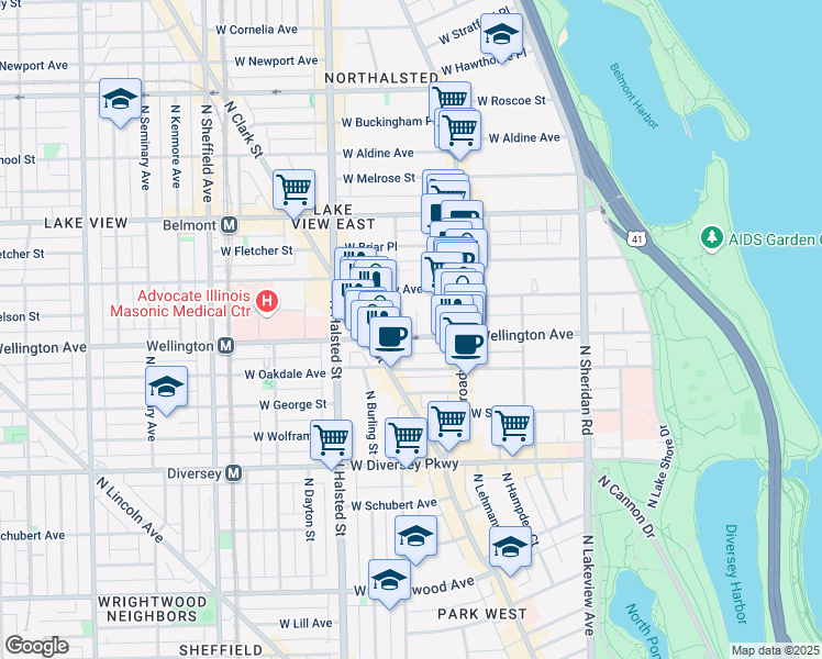 map of restaurants, bars, coffee shops, grocery stores, and more near 648 West Wellington Avenue in Chicago