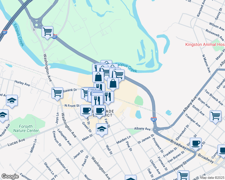 map of restaurants, bars, coffee shops, grocery stores, and more near Kingston Plaza in Kingston