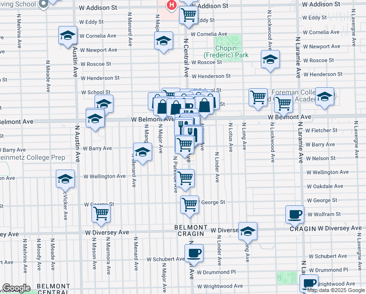 map of restaurants, bars, coffee shops, grocery stores, and more near 5518 West Barry Avenue in Chicago