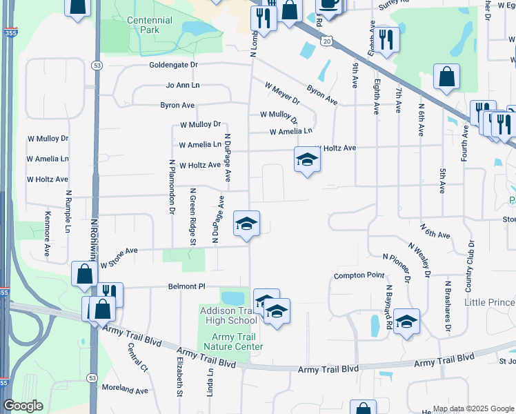 map of restaurants, bars, coffee shops, grocery stores, and more near 1381 Driscoll Lane in Addison