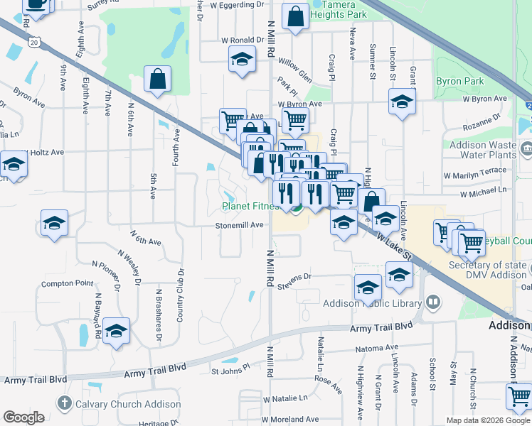 map of restaurants, bars, coffee shops, grocery stores, and more near 520 North Mill Road in Addison
