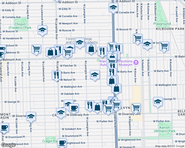 map of restaurants, bars, coffee shops, grocery stores, and more near 4933 West Barry Avenue in Chicago
