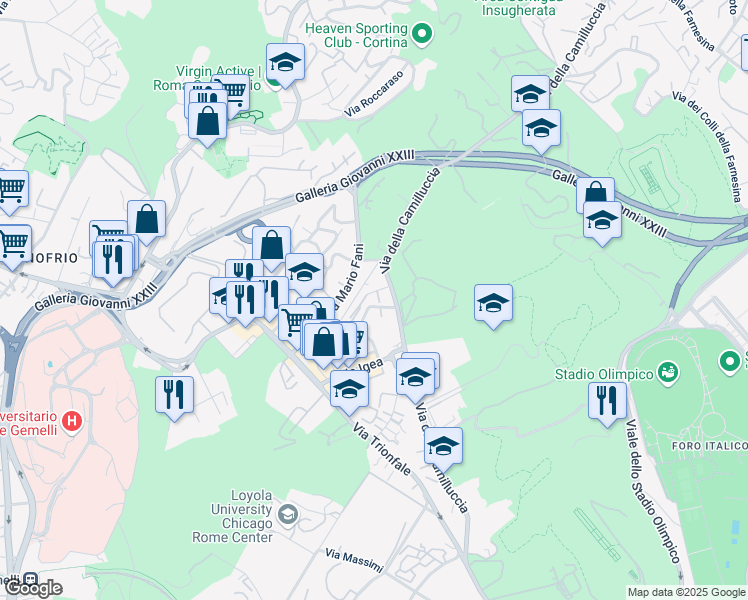 map of restaurants, bars, coffee shops, grocery stores, and more near 4 Via Angelina Marsciano in Roma