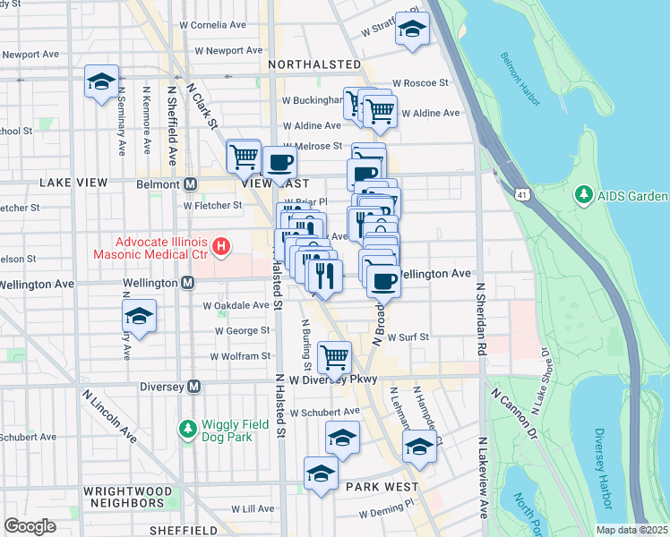 map of restaurants, bars, coffee shops, grocery stores, and more near 650 West Wellington Avenue in Chicago