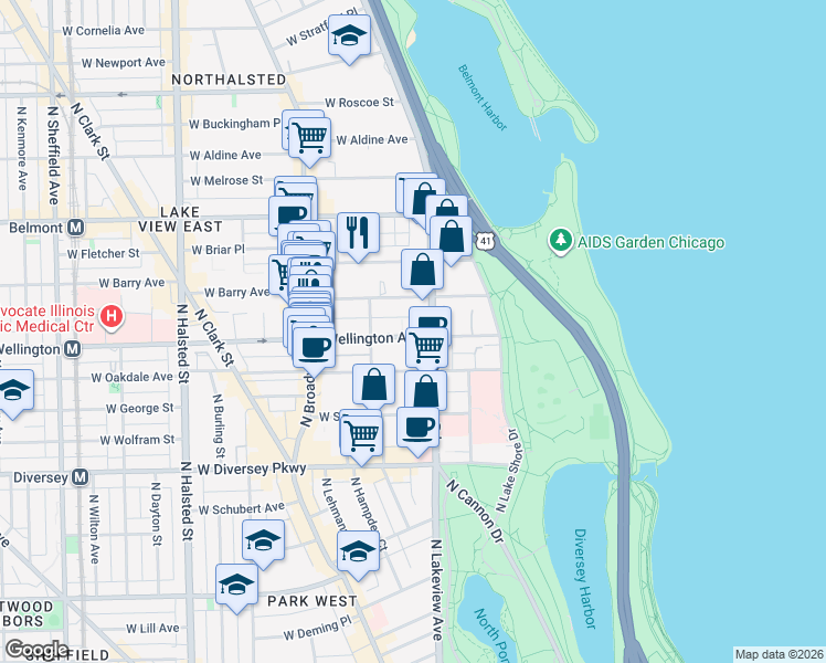 map of restaurants, bars, coffee shops, grocery stores, and more near 428 West Wellington Avenue in Chicago