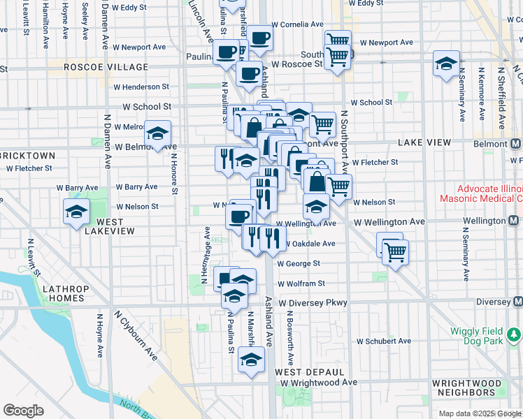 map of restaurants, bars, coffee shops, grocery stores, and more near 1610 West Nelson Street in Chicago