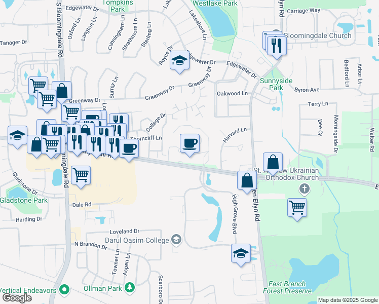 map of restaurants, bars, coffee shops, grocery stores, and more near 207 Regency Drive in Bloomingdale
