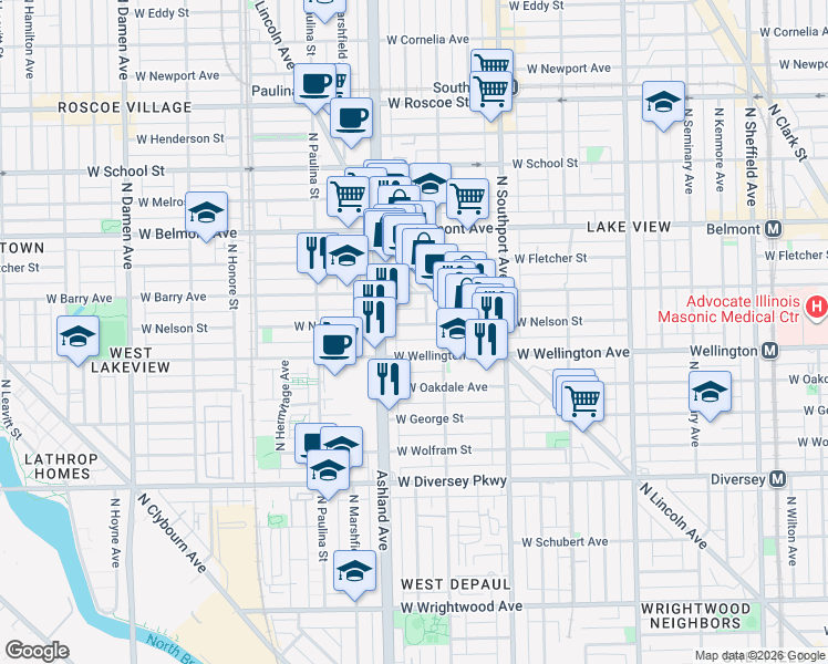 map of restaurants, bars, coffee shops, grocery stores, and more near 1527 West Nelson Street in Chicago