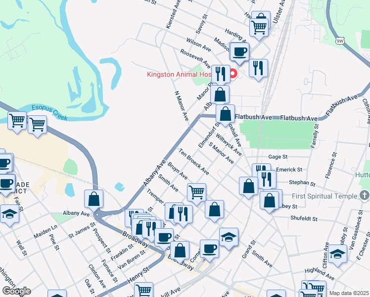 map of restaurants, bars, coffee shops, grocery stores, and more near 306 Albany Avenue in Kingston