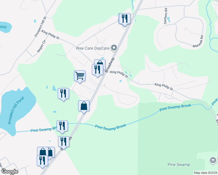 map of restaurants, bars, coffee shops, grocery stores, and more near 36 1st Street in Raynham