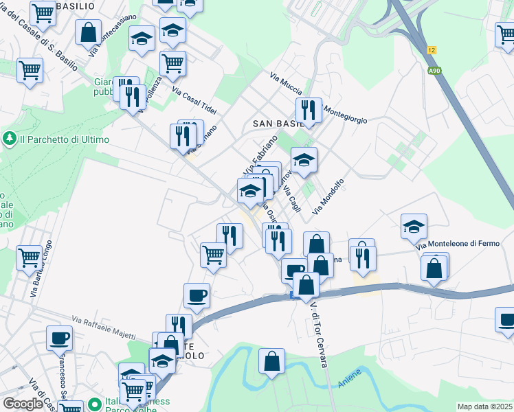 map of restaurants, bars, coffee shops, grocery stores, and more near 12 Via Recanati in Roma