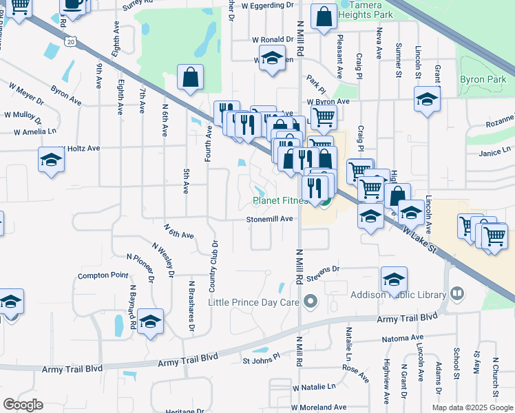 map of restaurants, bars, coffee shops, grocery stores, and more near 710 Briar Hill Lane in Addison